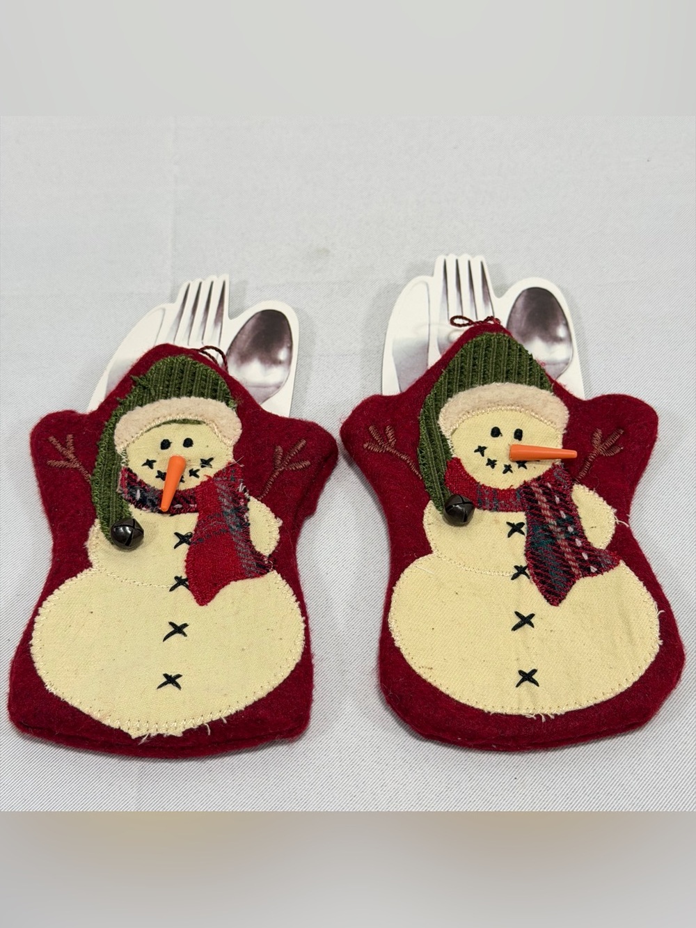 Cracker Barrel Christmas Primitive Snowman Felt Flatware Pocket Ornaments 2 Pcs